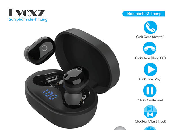 Tai nghe Bluetooth TWS Evoxz EVo S1 (12 tiếng) - màu đen