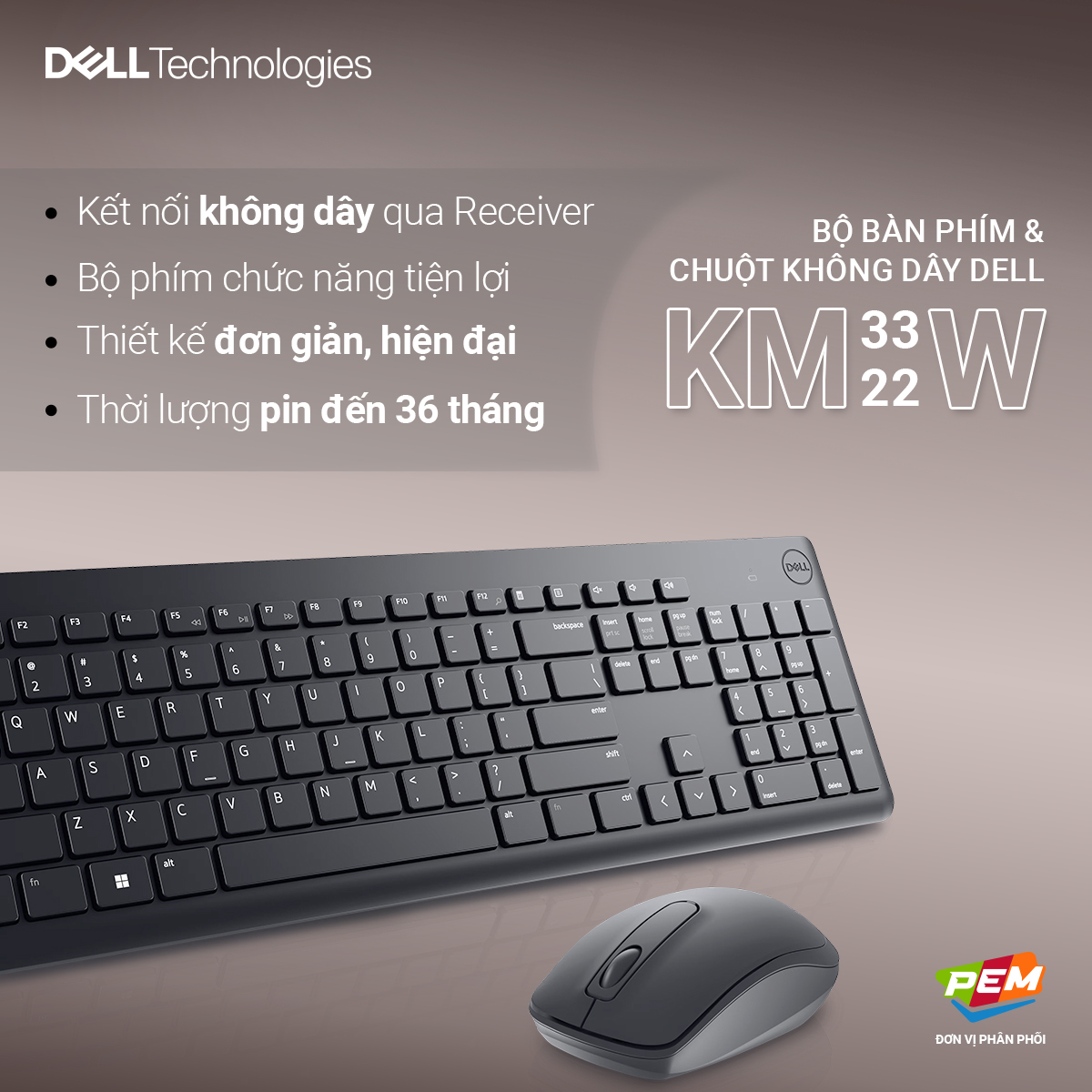 Bộ bàn phim chuột không dây Dell KM3322W