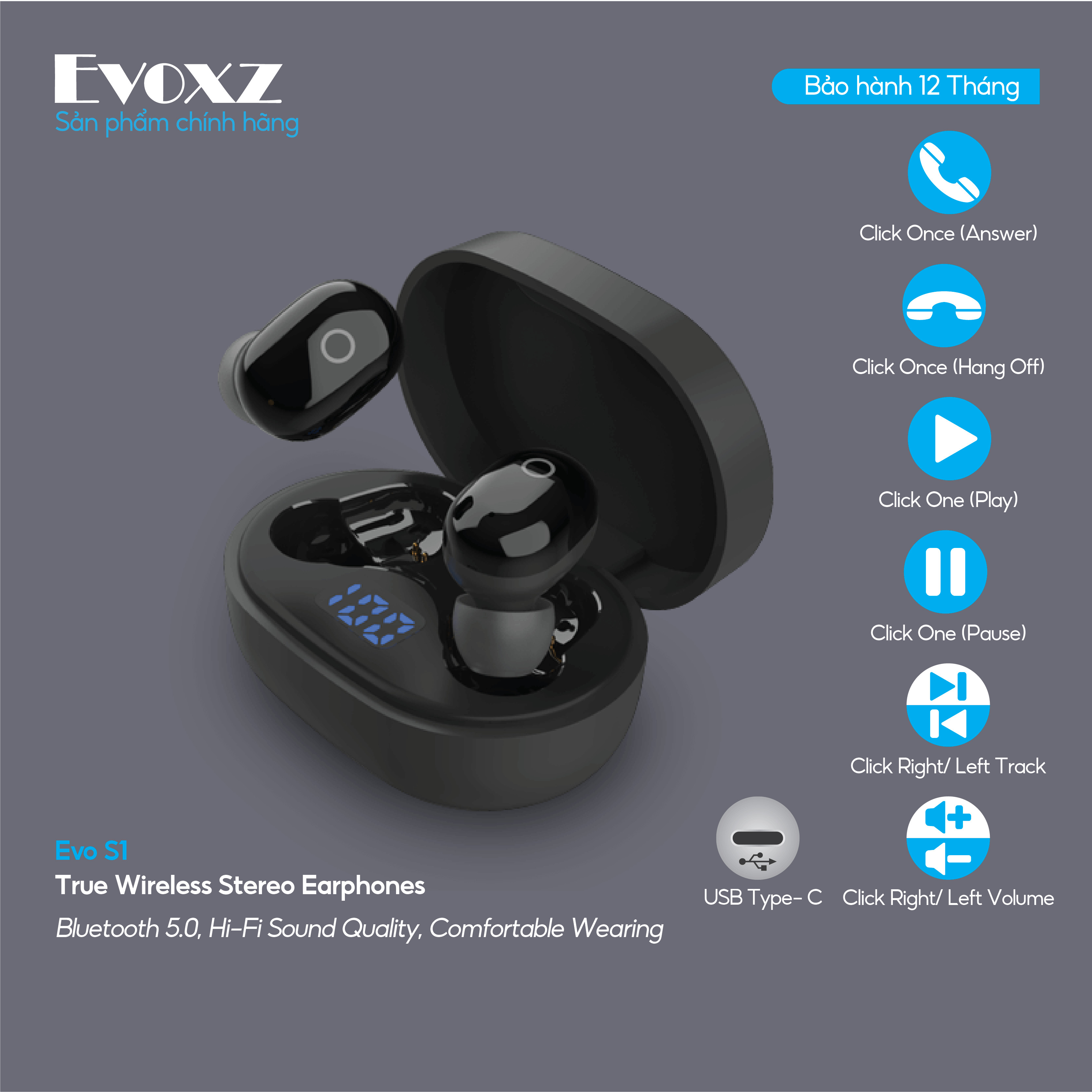 Tai nghe Bluetooth TWS Evoxz EVo S1 (12 tiếng) - màu đen