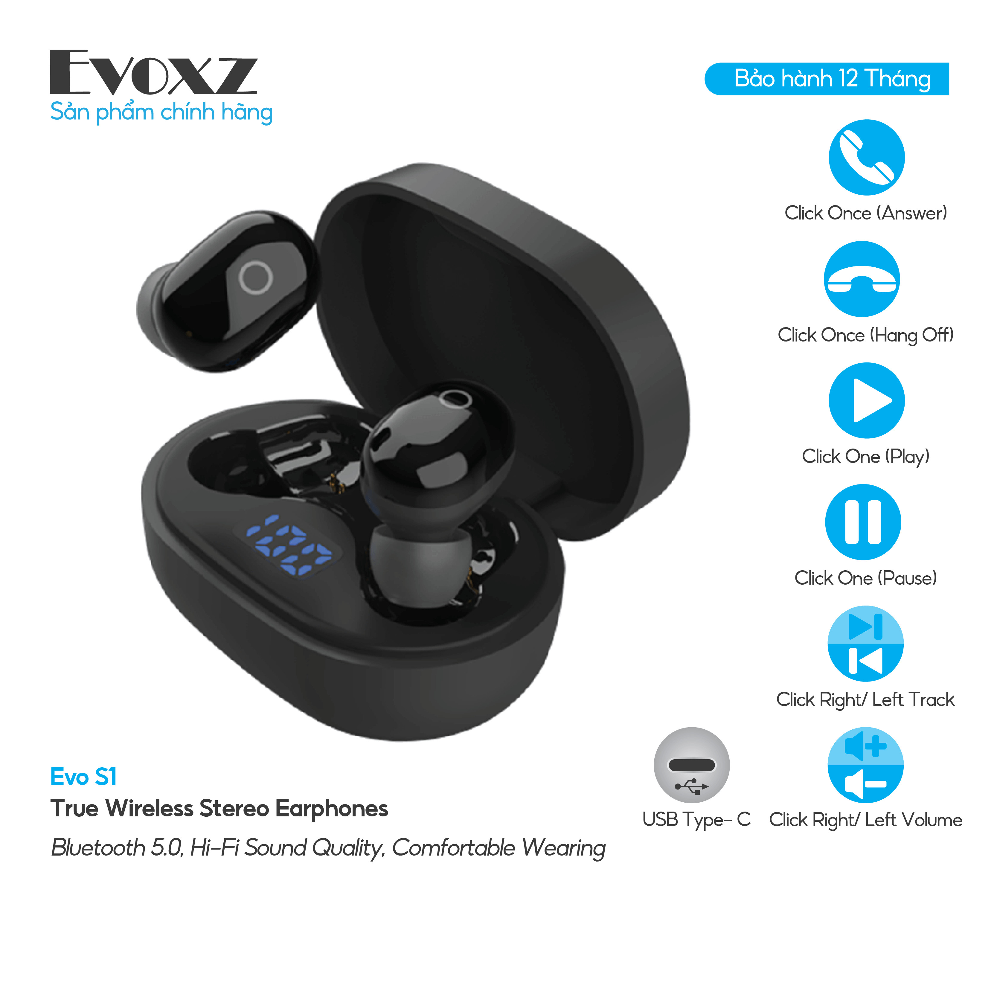 Tai nghe Bluetooth TWS Evoxz EVo S1 (12 tiếng) - màu đen