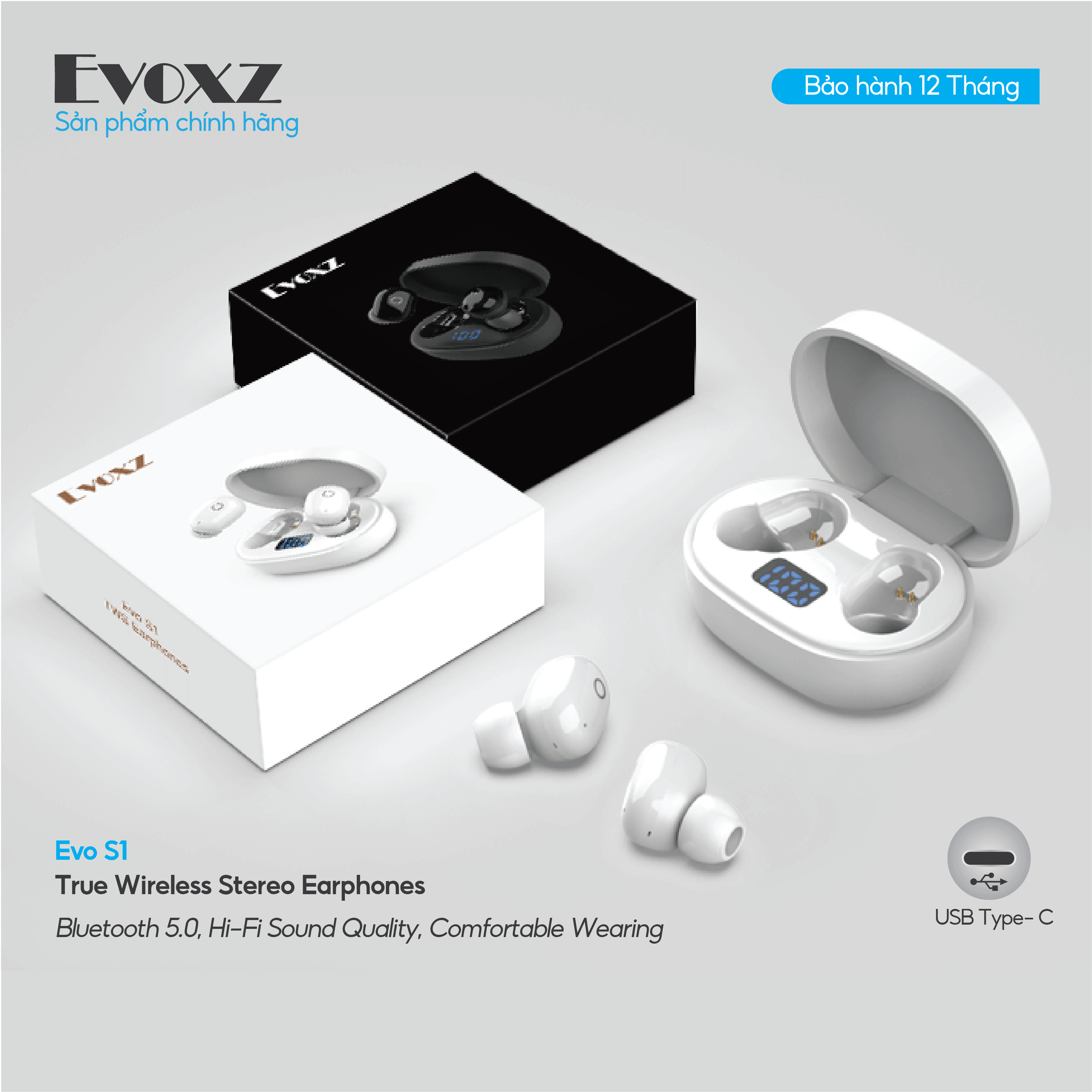 Tai nghe Bluetooth TWS Evoxz EVo S1 (12 tiếng) - màu đen