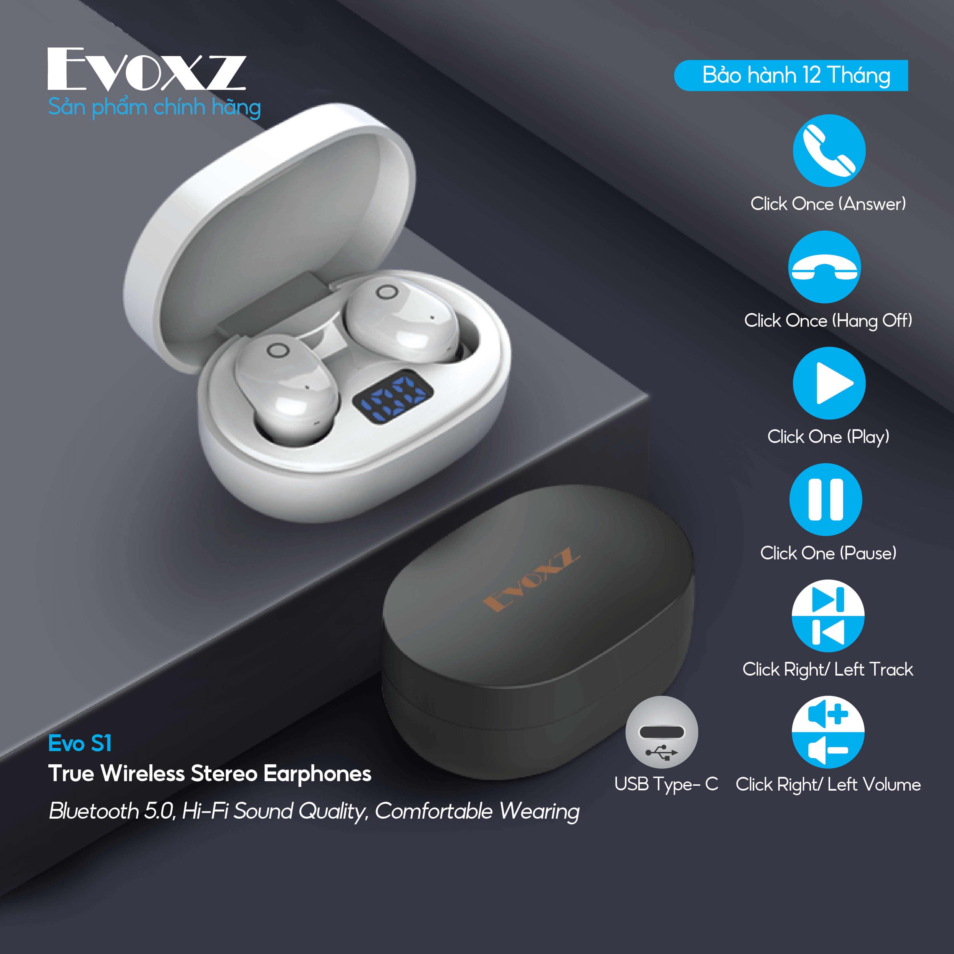 Tai nghe Bluetooth TWS Evoxz EVo S1 (12 tiếng) - màu đen