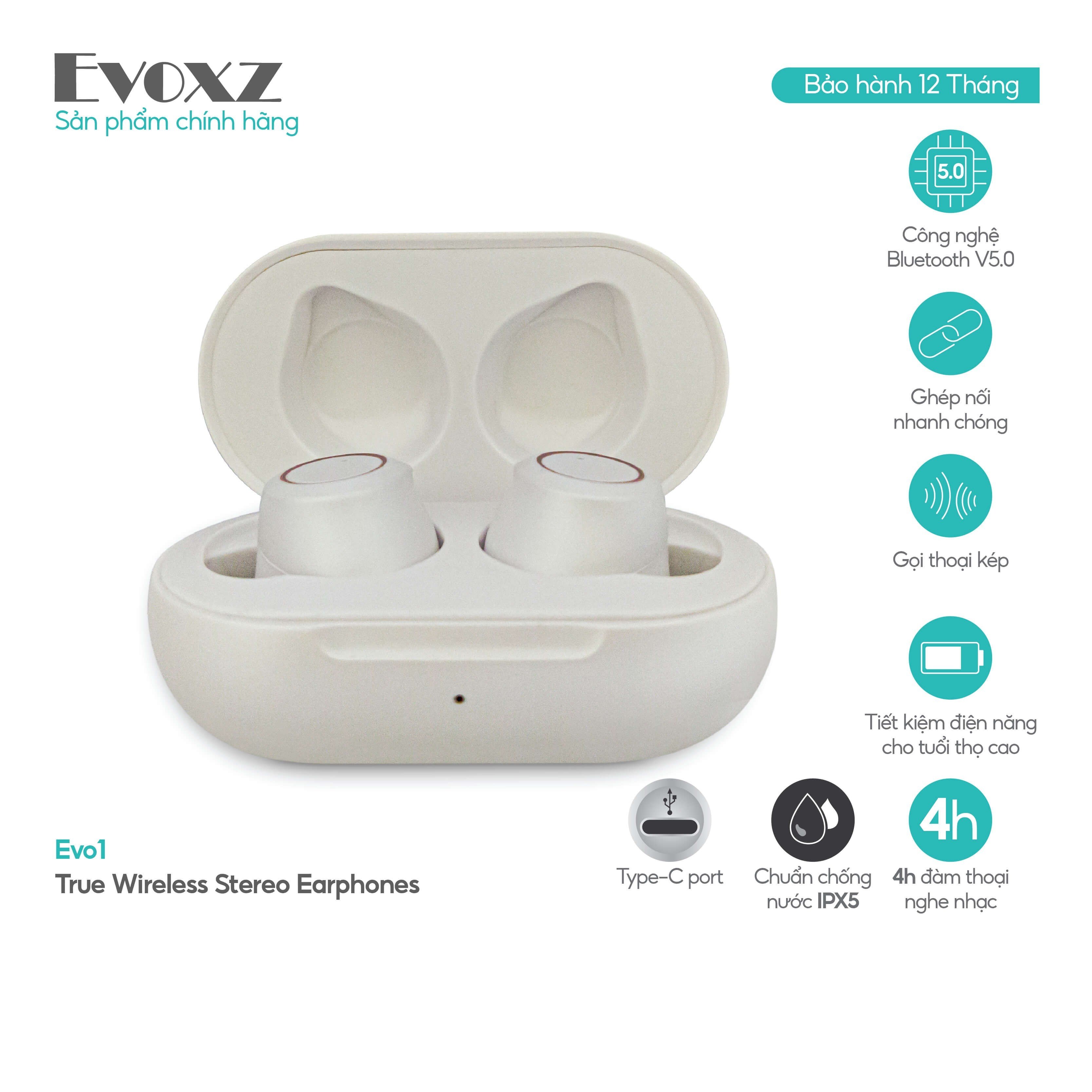 Tai nghe Bluetooth TWS Evoxz EVo1 (12 tiếng) - màu trắng