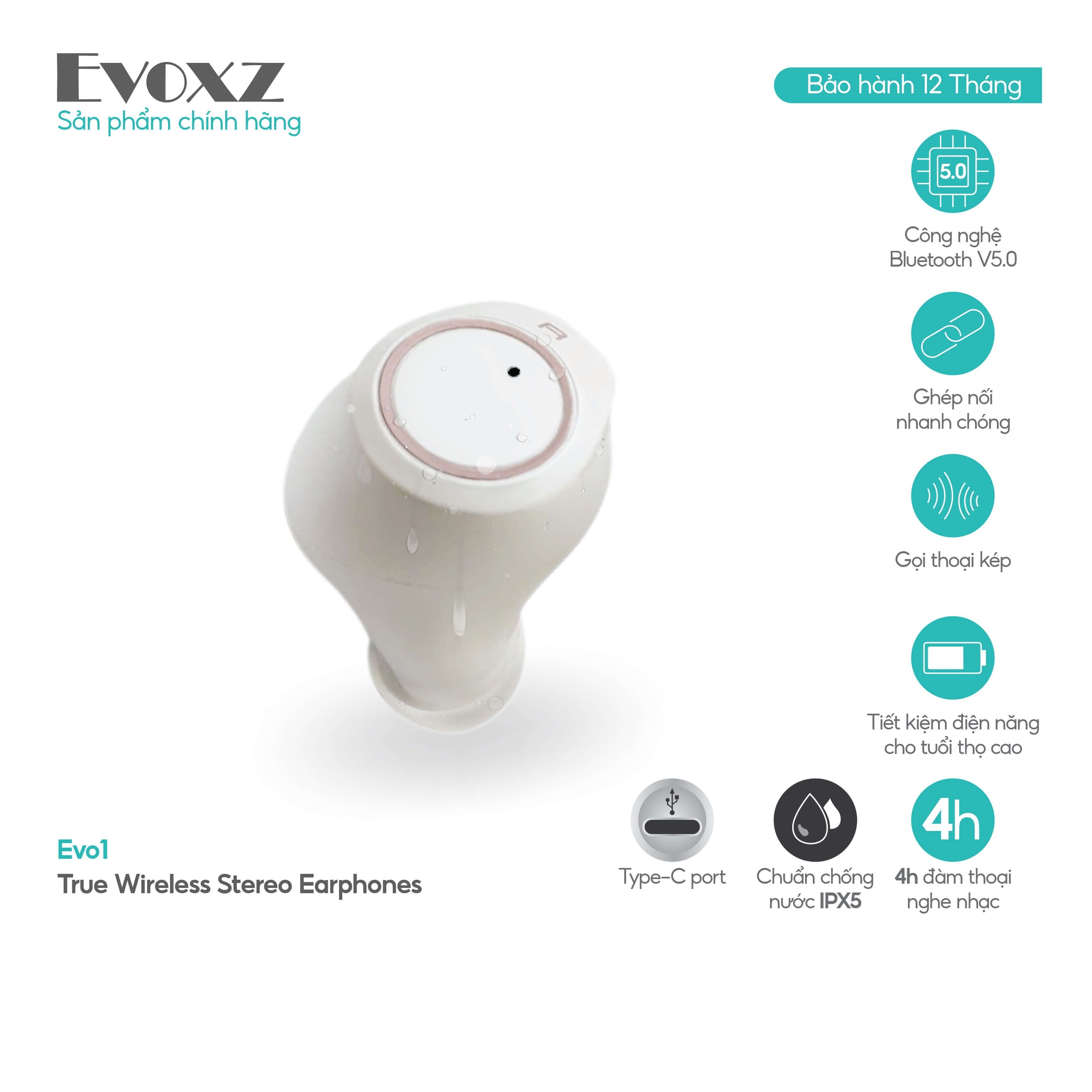 Tai nghe Bluetooth TWS Evoxz EVo1 (12 tiếng) - màu trắng