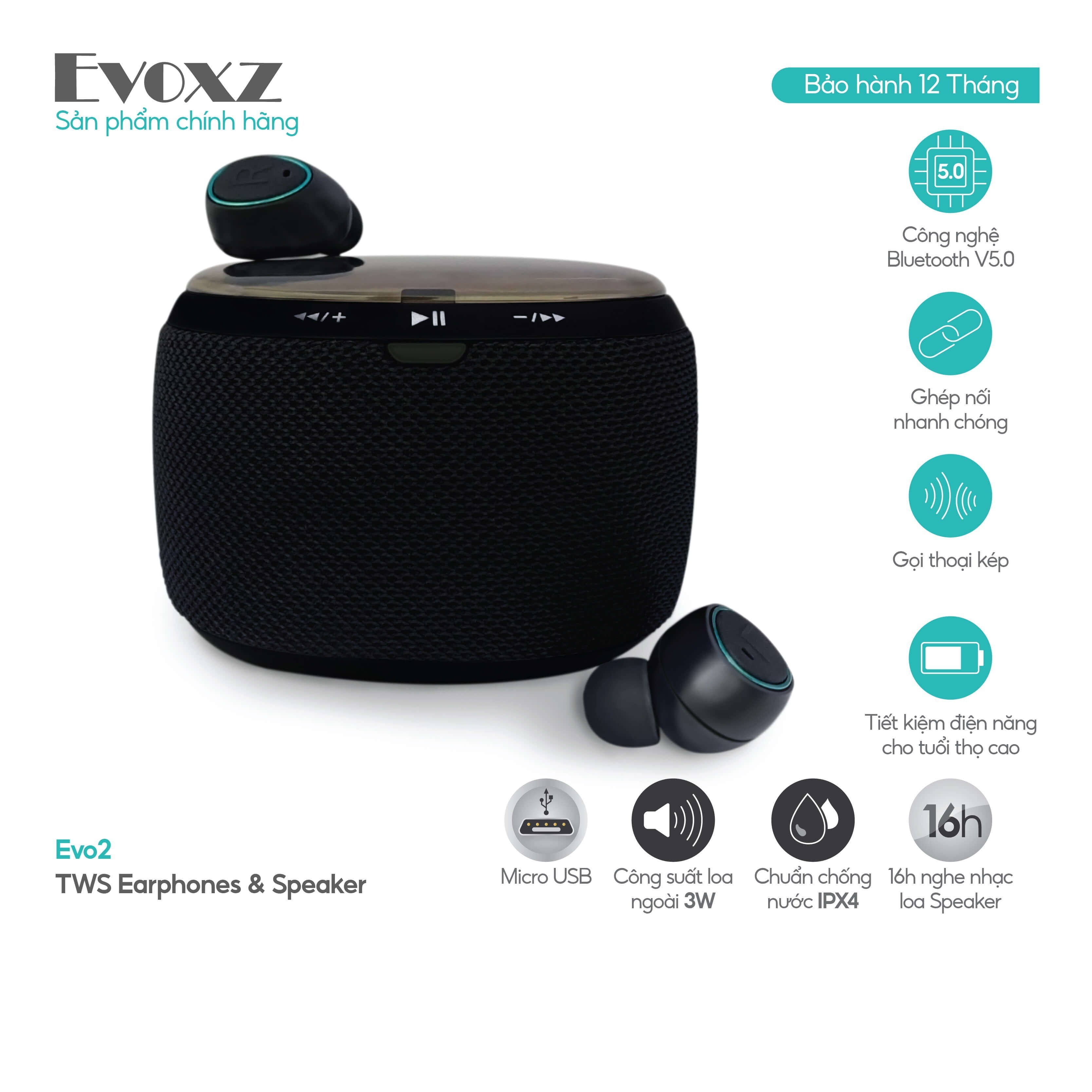 Tai nghe Bluetooth TWS Evoxz EVo2 (Tai nghe Bluetooth + Loa bluetooth) - màu đen