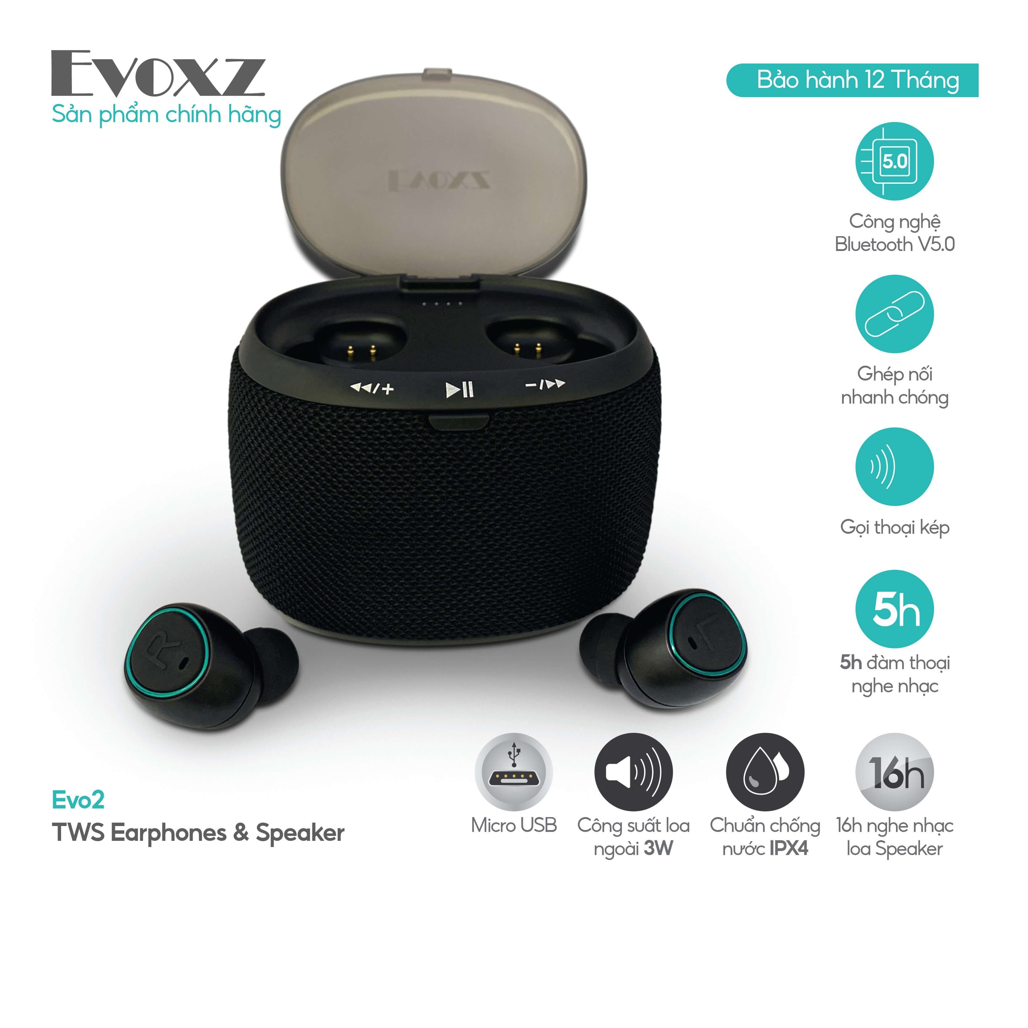 Tai nghe Bluetooth TWS Evoxz EVo2 (Tai nghe Bluetooth + Loa bluetooth) - màu đen