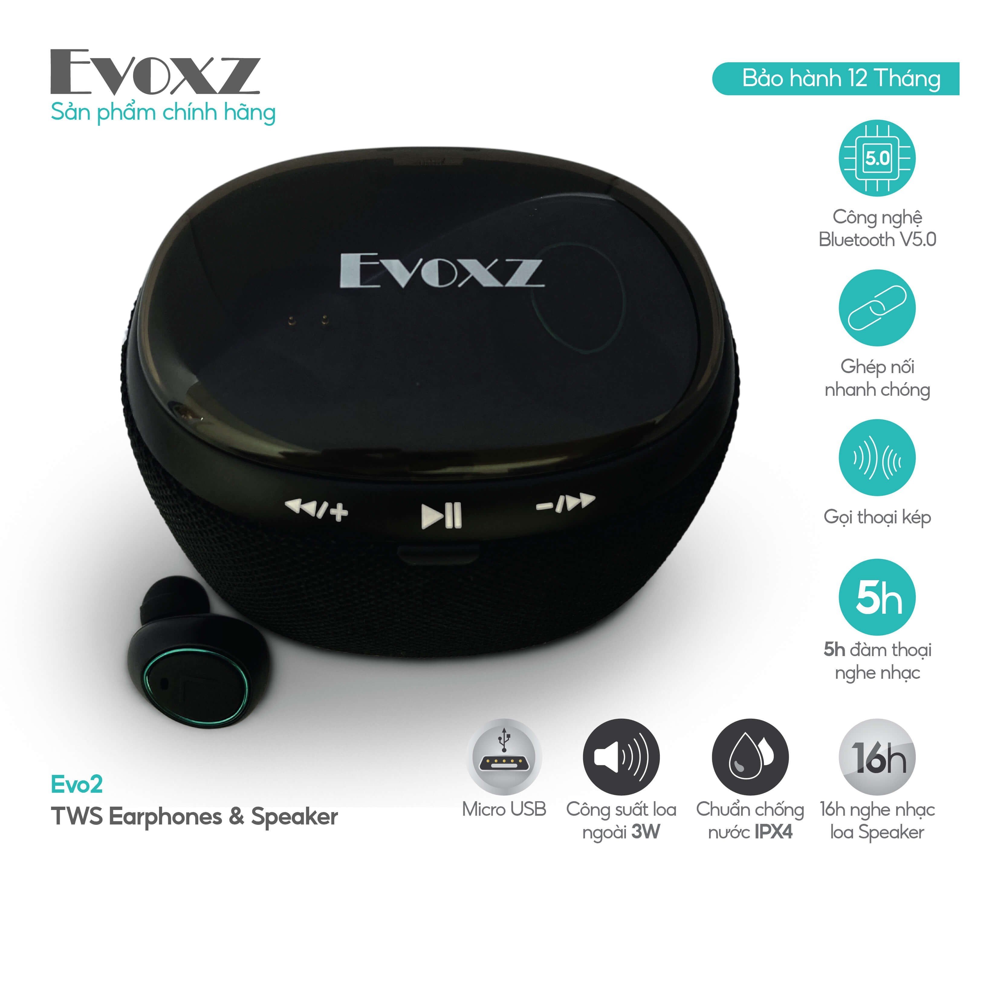 Tai nghe Bluetooth TWS Evoxz EVo2 (Tai nghe Bluetooth + Loa bluetooth) - màu đen